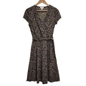 Charter Club Faux Wrap Dress 8 Brown Animal Print Short Slv V Neck Midi Office